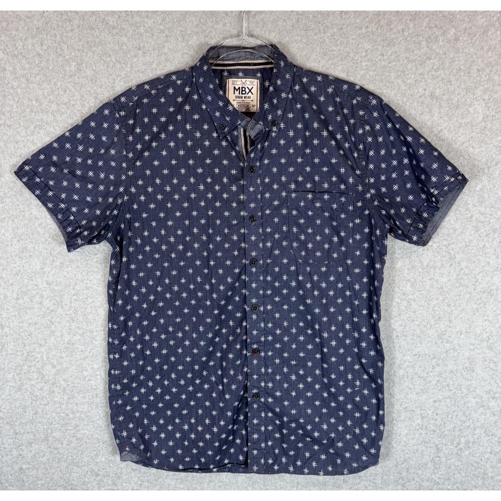 MBX Denim Wear‎ Shirt Mens Medium Blue Slim Fit Short Sleeve Casual Button Up